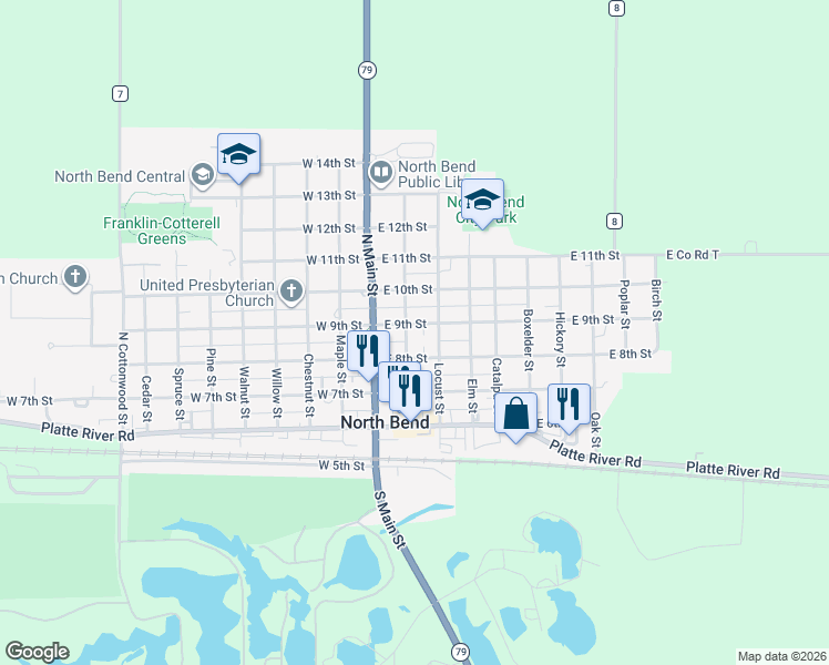 map of restaurants, bars, coffee shops, grocery stores, and more near 841 Mulberry Street in North Bend
