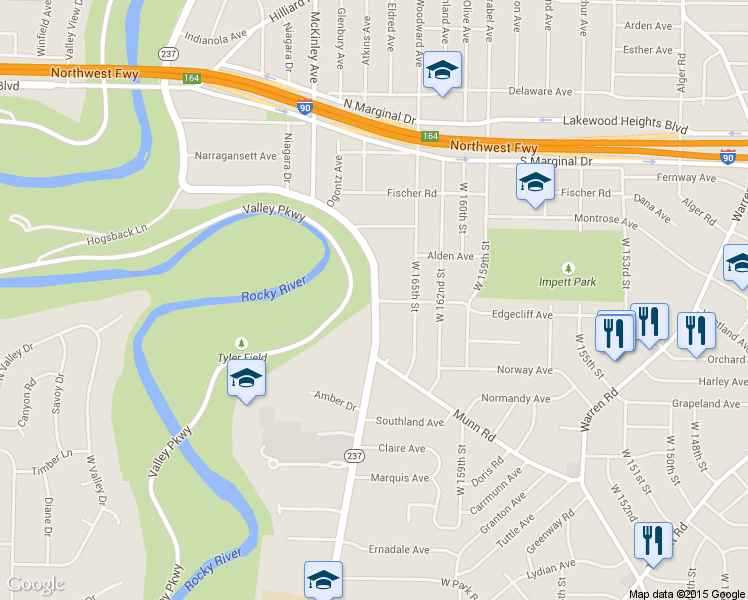 map of restaurants, bars, coffee shops, grocery stores, and more near Rocky River Dr & Edgecliff Ave in Cleveland