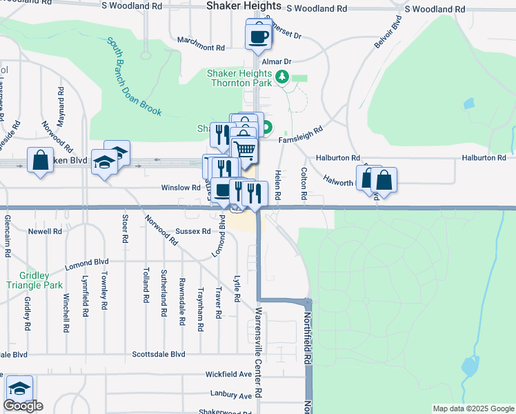 map of restaurants, bars, coffee shops, grocery stores, and more near Chagrin Blvd & Warrensville Center Rd in Shaker Heights