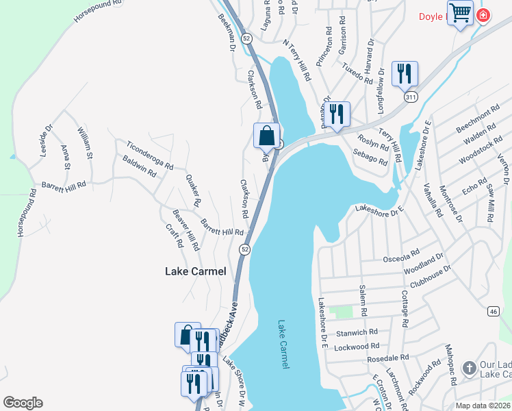 map of restaurants, bars, coffee shops, grocery stores, and more near 649 New York 52 in Carmel Hamlet