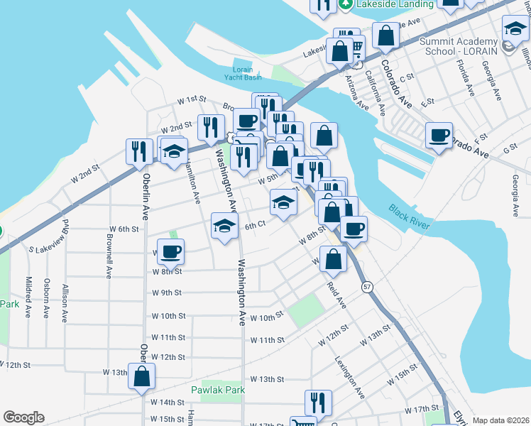 map of restaurants, bars, coffee shops, grocery stores, and more near 471 W 6th St in Lorain