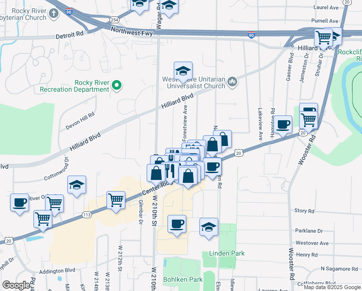map of restaurants, bars, coffee shops, grocery stores, and more near 2804 Forestview Avenue in Rocky River
