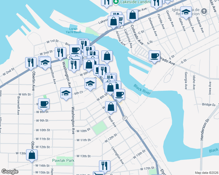 map of restaurants, bars, coffee shops, grocery stores, and more near 720 Broadway in Lorain