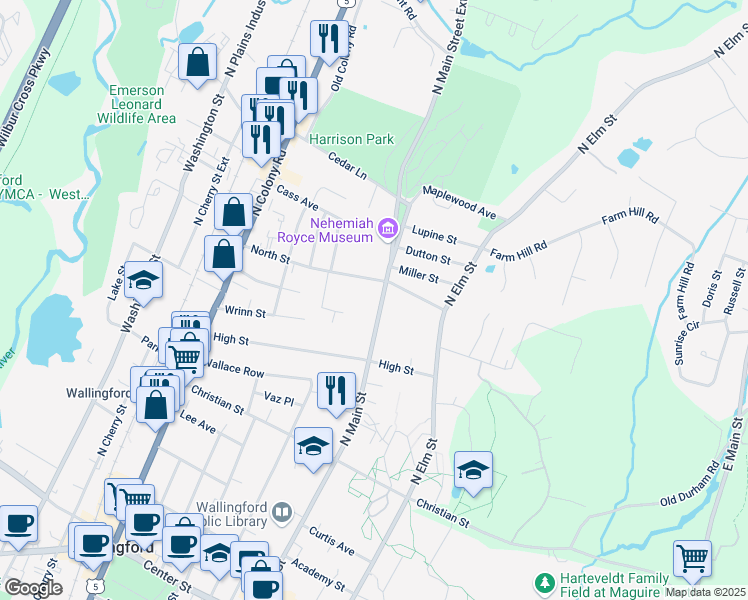 map of restaurants, bars, coffee shops, grocery stores, and more near 478 North Main Street in Wallingford