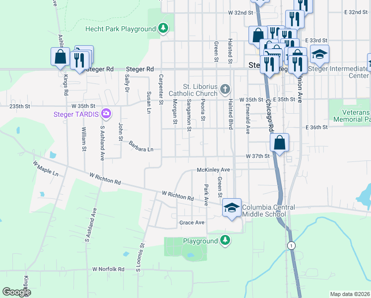 map of restaurants, bars, coffee shops, grocery stores, and more near 3637 Morgan Street in Steger