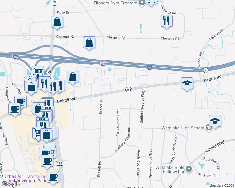 map of restaurants, bars, coffee shops, grocery stores, and more near 28961 Detroit Road in Westlake