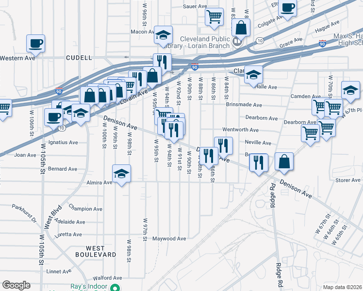 map of restaurants, bars, coffee shops, grocery stores, and more near 9105 Denison Avenue in Cleveland