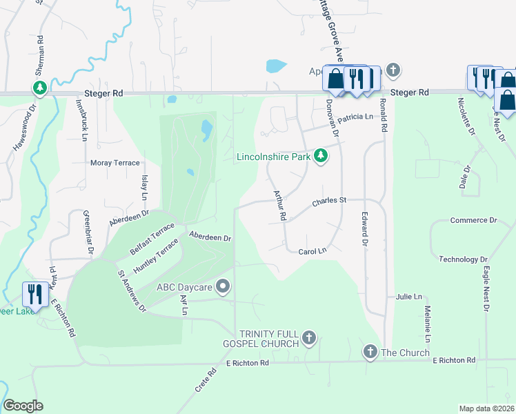 map of restaurants, bars, coffee shops, grocery stores, and more near 3579 Huntley Terrace in Crete