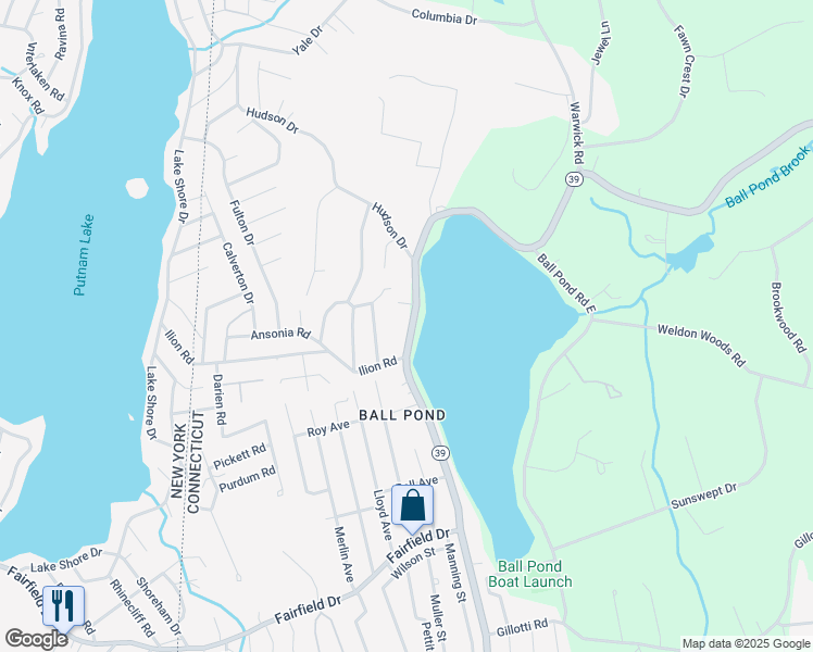 map of restaurants, bars, coffee shops, grocery stores, and more near 113 Ball Pond Road in New Fairfield