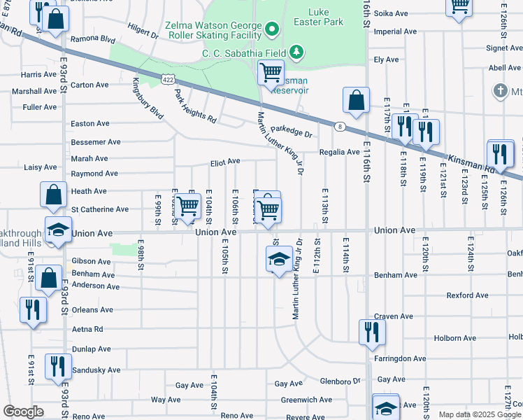 map of restaurants, bars, coffee shops, grocery stores, and more near 3458 East 110th Street in Cleveland