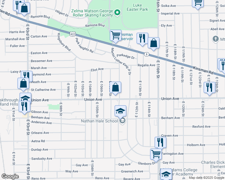 map of restaurants, bars, coffee shops, grocery stores, and more near 3458 East 110th Street in Cleveland