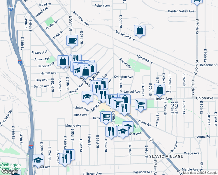 map of restaurants, bars, coffee shops, grocery stores, and more near 3451 East 65th Street in Cleveland