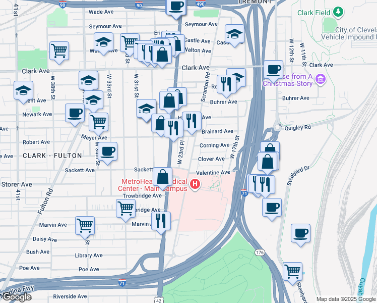 map of restaurants, bars, coffee shops, grocery stores, and more near 3297 West 23rd Place in Cleveland