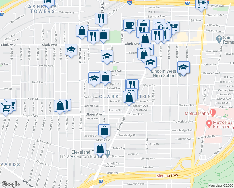 map of restaurants, bars, coffee shops, grocery stores, and more near in Cleveland