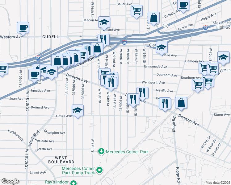 map of restaurants, bars, coffee shops, grocery stores, and more near 9105 Denison Avenue in Cleveland