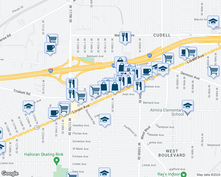 map of restaurants, bars, coffee shops, grocery stores, and more near 3227 West 111th Street in Cleveland