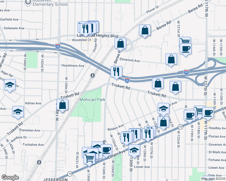 map of restaurants, bars, coffee shops, grocery stores, and more near in Cleveland