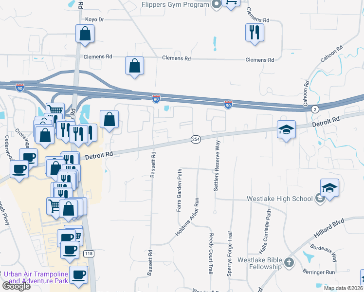 map of restaurants, bars, coffee shops, grocery stores, and more near 28961 Detroit Road in Westlake