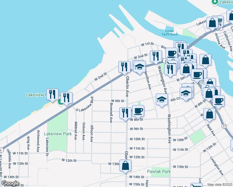 map of restaurants, bars, coffee shops, grocery stores, and more near in Lorain