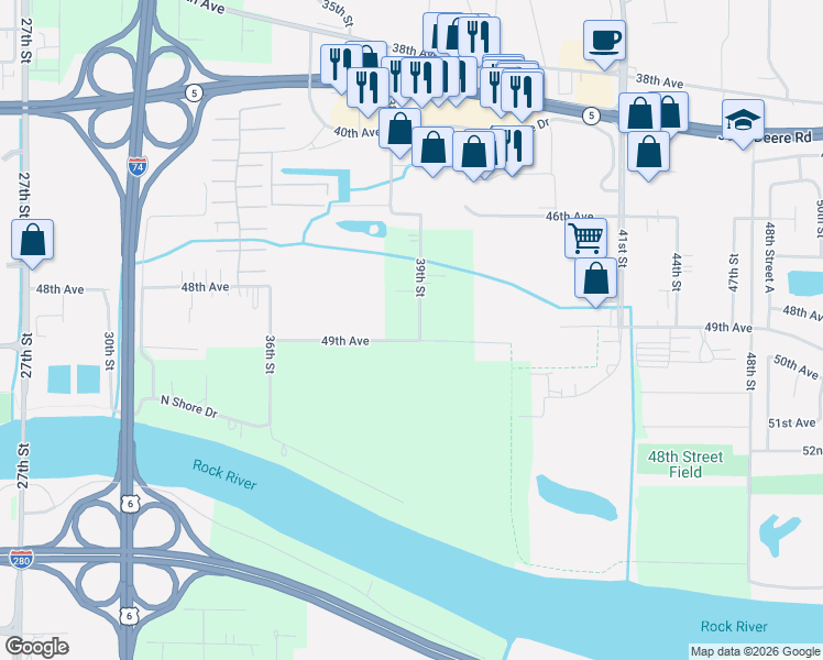 map of restaurants, bars, coffee shops, grocery stores, and more near 3801 49th Avenue in Moline