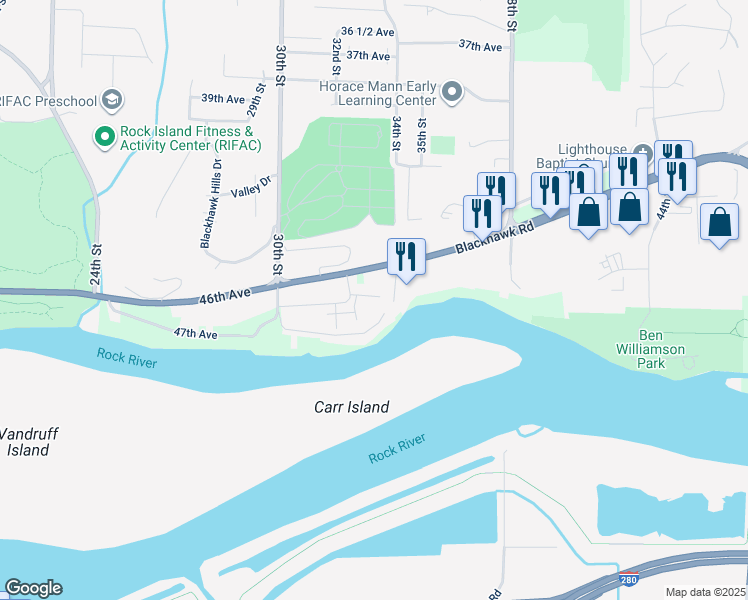 map of restaurants, bars, coffee shops, grocery stores, and more near 3351 Serenity Place in Rock Island