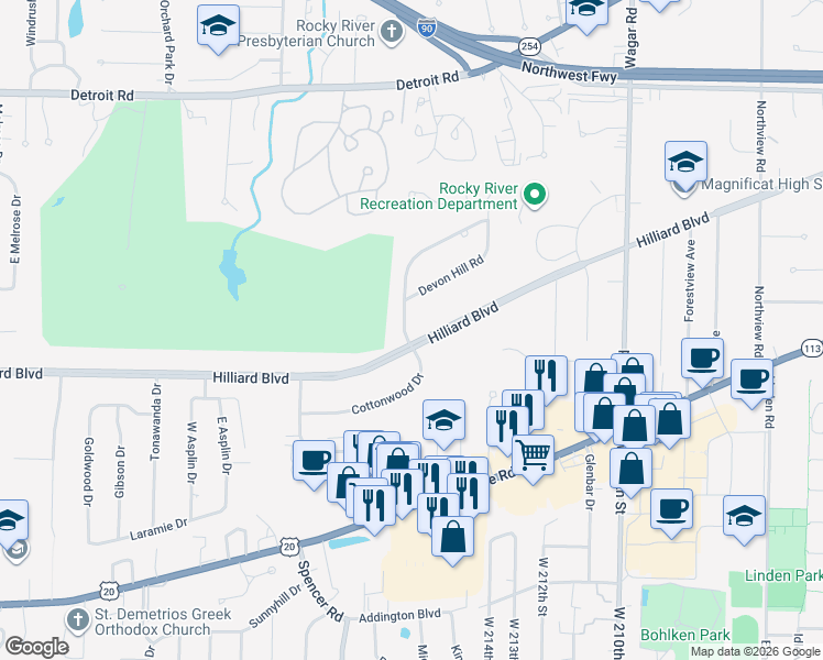 map of restaurants, bars, coffee shops, grocery stores, and more near 21700 Hilliard Boulevard in Rocky River