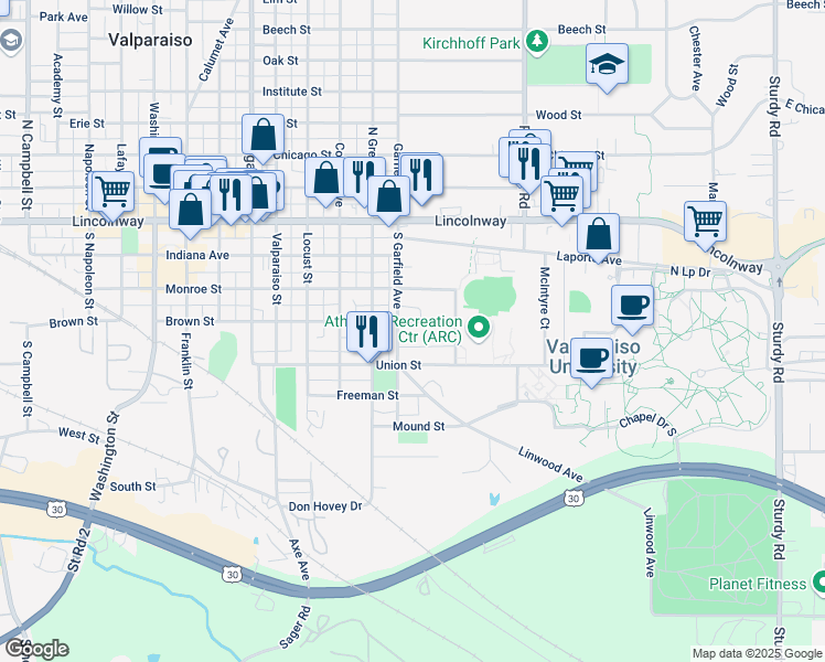 map of restaurants, bars, coffee shops, grocery stores, and more near 804 Brown Street in Valparaiso