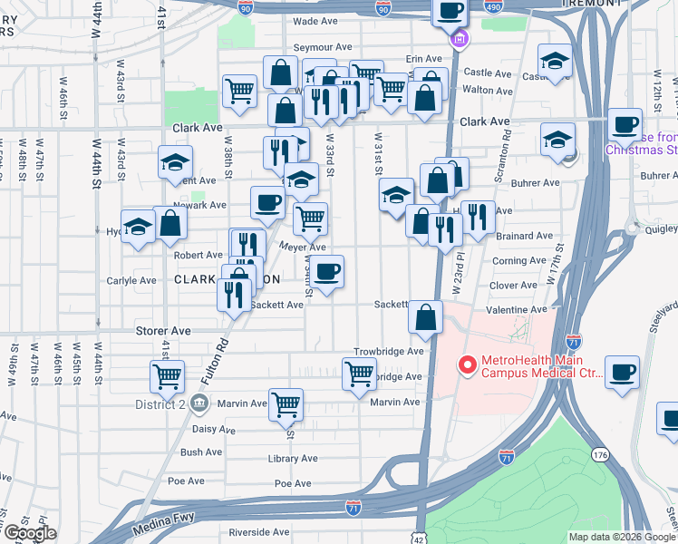 map of restaurants, bars, coffee shops, grocery stores, and more near 3291 West 33rd Street in Cleveland
