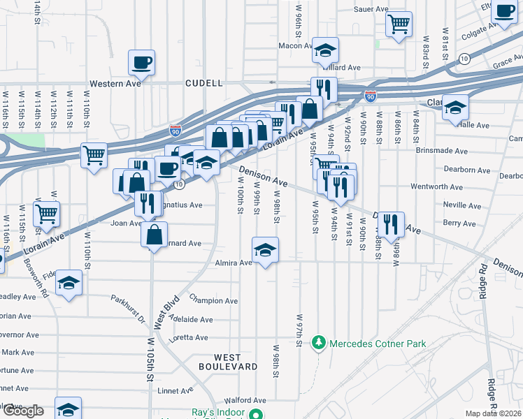 map of restaurants, bars, coffee shops, grocery stores, and more near in Cleveland