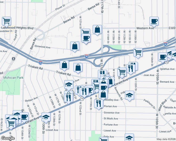 map of restaurants, bars, coffee shops, grocery stores, and more near 3224 West 119th Street in Cleveland