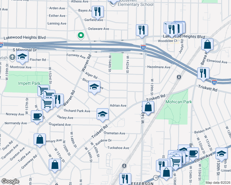 map of restaurants, bars, coffee shops, grocery stores, and more near 14301 Birchwood Avenue in Cleveland