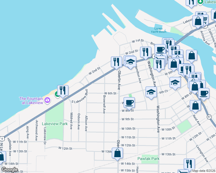 map of restaurants, bars, coffee shops, grocery stores, and more near in Lorain