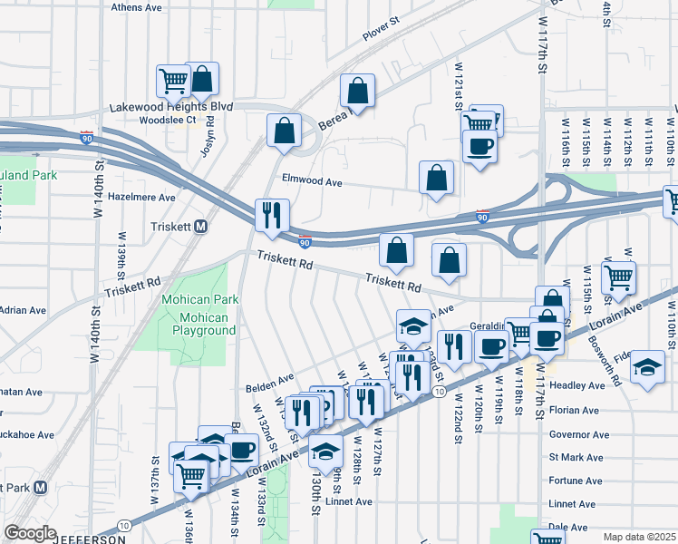 map of restaurants, bars, coffee shops, grocery stores, and more near Triskett Road & West 127th Street in Cleveland
