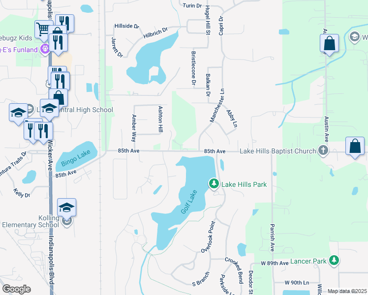 map of restaurants, bars, coffee shops, grocery stores, and more near 10202 West 85th Avenue in Schererville