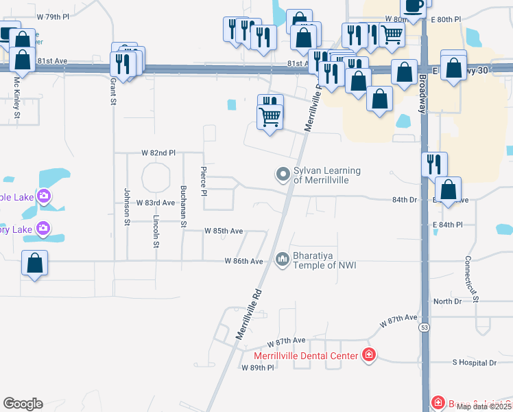 map of restaurants, bars, coffee shops, grocery stores, and more near 8494 Merrillville Road in Merrillville