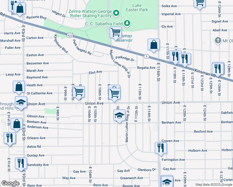 map of restaurants, bars, coffee shops, grocery stores, and more near 3458 East 110th Street in Cleveland