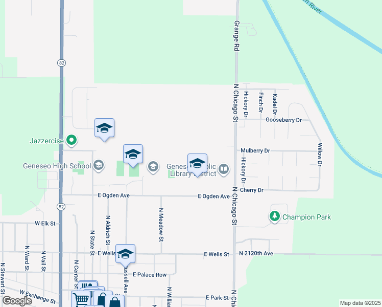 map of restaurants, bars, coffee shops, grocery stores, and more near 590 Olivia Drive in Geneseo