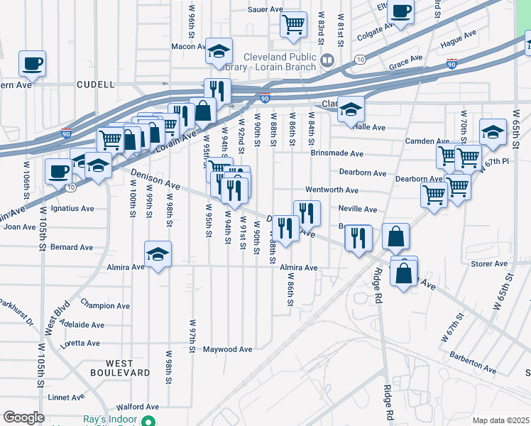 map of restaurants, bars, coffee shops, grocery stores, and more near 8810 Denison Avenue in Cleveland