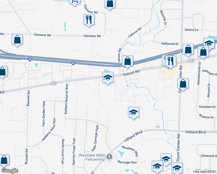 map of restaurants, bars, coffee shops, grocery stores, and more near 27981 Detroit Road in Westlake