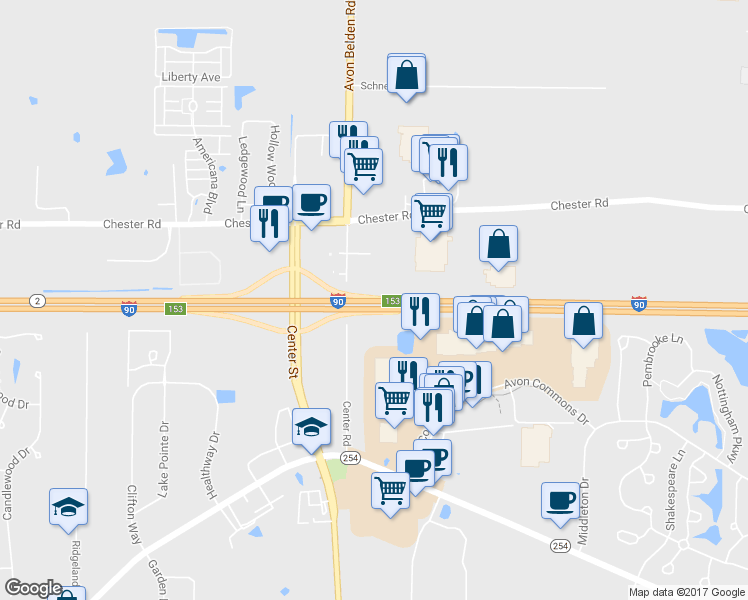 map of restaurants, bars, coffee shops, grocery stores, and more near Hwy 2 in Avon