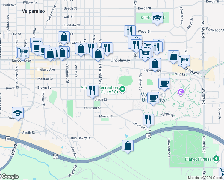 map of restaurants, bars, coffee shops, grocery stores, and more near 820 Brown Street in Valparaiso