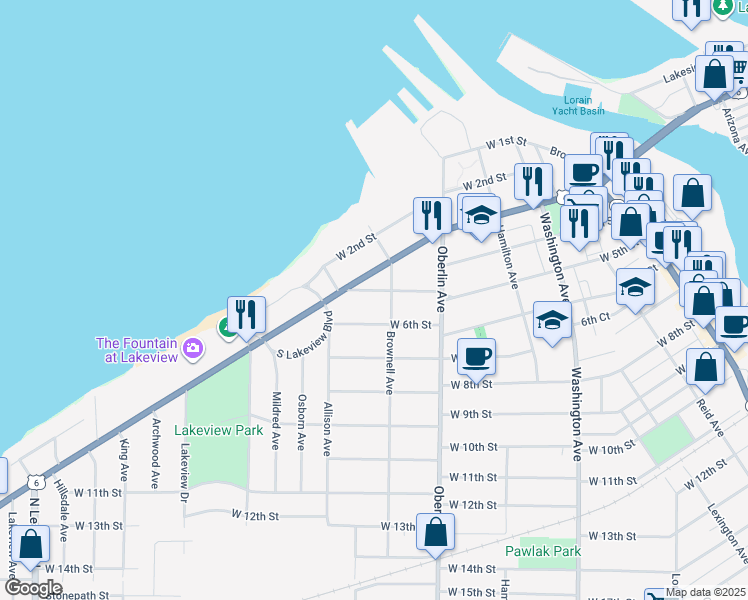 map of restaurants, bars, coffee shops, grocery stores, and more near 1315 West 5th Street in Lorain