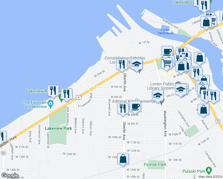map of restaurants, bars, coffee shops, grocery stores, and more near 511 Brownell Avenue in Lorain