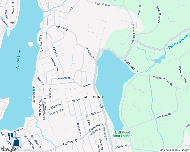 map of restaurants, bars, coffee shops, grocery stores, and more near 113 Ball Pond Road in New Fairfield