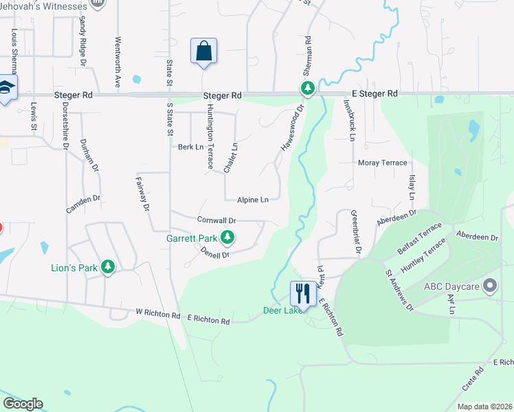 map of restaurants, bars, coffee shops, grocery stores, and more near 116 Alpine Lane in Crete