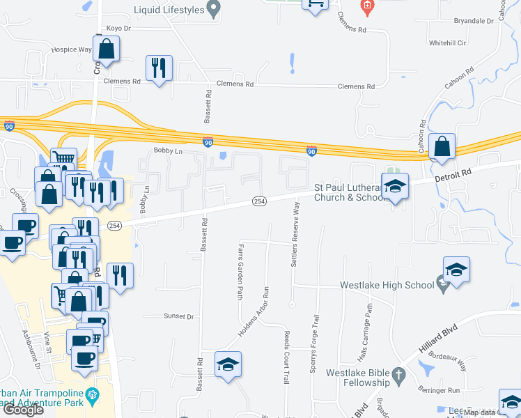 map of restaurants, bars, coffee shops, grocery stores, and more near 28821 Detroit Road in Westlake