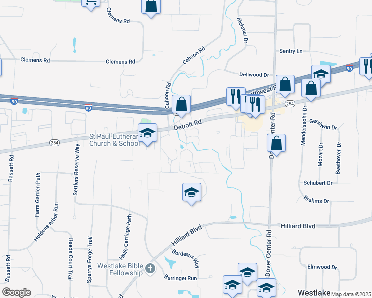 map of restaurants, bars, coffee shops, grocery stores, and more near Remington Drive in Westlake