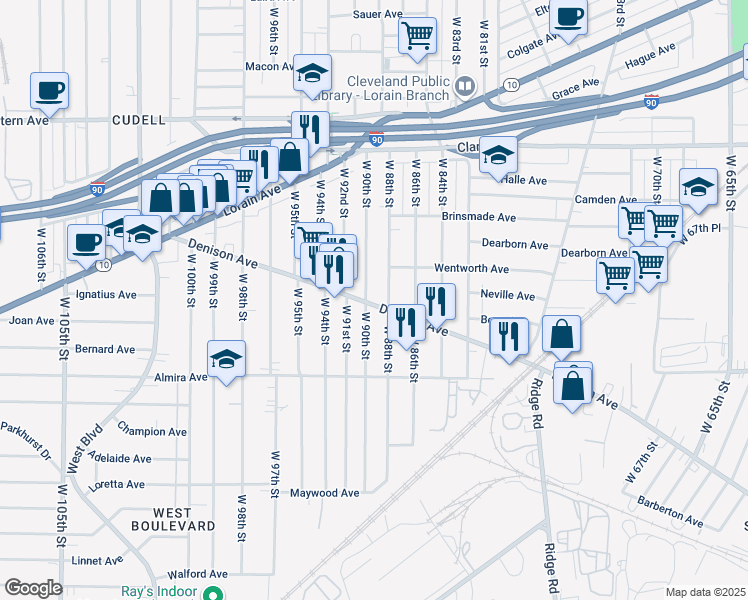 map of restaurants, bars, coffee shops, grocery stores, and more near 8900 Denison Avenue in Cleveland
