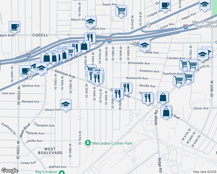 map of restaurants, bars, coffee shops, grocery stores, and more near 8900 Denison Avenue in Cleveland