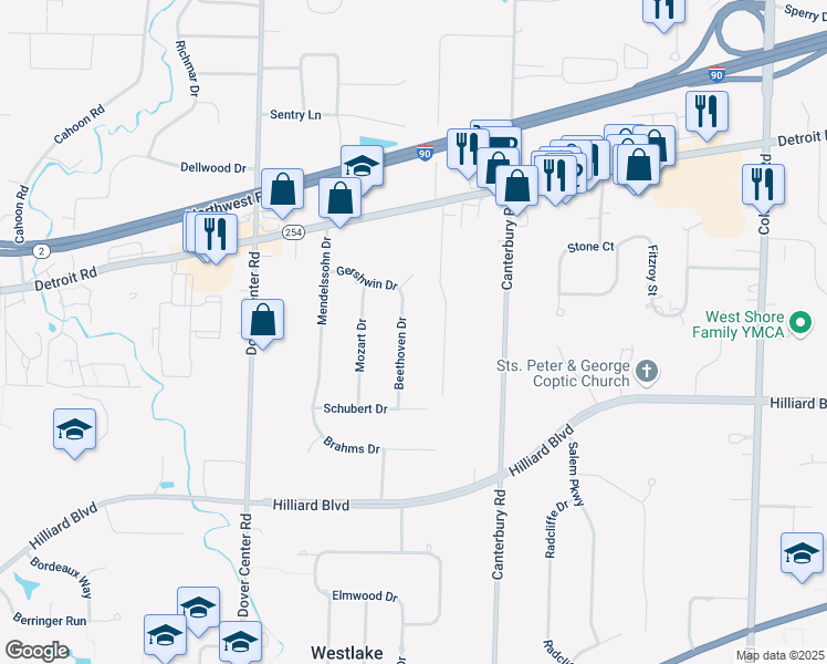 map of restaurants, bars, coffee shops, grocery stores, and more near 1493 Beethoven Drive in Westlake